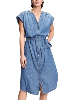 GAP pure cotton blue denim minimalist short sleeve old money belted midi dress S